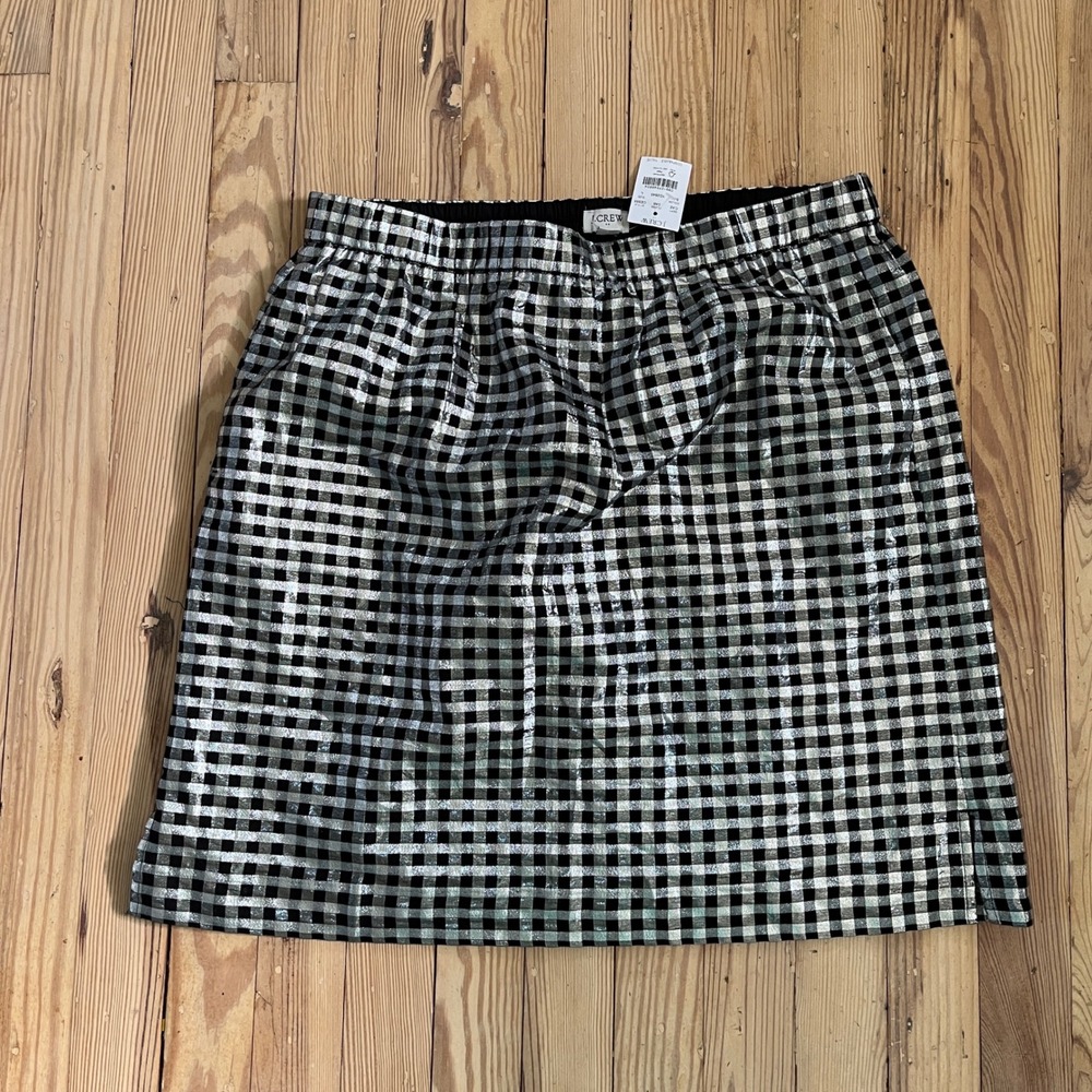 J.Crew Gingham Mini Skirt Womens L Silver Black Metallic Elastic Waist Pockets